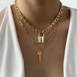 Cuban Link Chain Choker Necklace Punk Multilayer Padlock Key Long Pendant Necklace for Women Gold Colour Collar Jewlery