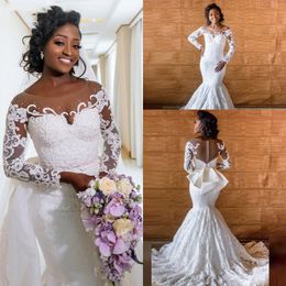 Mermaid Wedding Dresses Bridal Gowns Beaded 2021 Elegant Long Sleeve Lace Sheer Back Appliques Bow African Bride Dress Illusion Trumpet