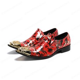 Red Printed Men Wedding Party Leather Shoes Metal Pointed Toe Men Large Size Shoes Man Fashion Prom Dress Shoes