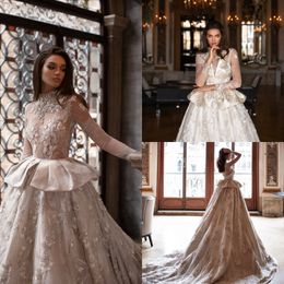 High Neck Vintage Wedding Dresses Sheer Long Sleeves Lace Bridal Gowns with Peplum Plus Size Vestidos de novia Luxury Wedding Dress