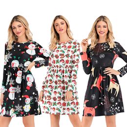 Women Santa Claus Elk Snowman Christmas Tree Printed Dress O-neck Long Sleeve Casual Loose Party Dresses Christmas Gifts