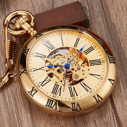 Luxury Gold Automatic Mechanical Pocket Watch Retro Copper Watches Roman Numerals Fob Chain Pendants Men Women reloj de bolsillo CX200807
