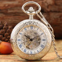 Steampunk Silver Alloy Case Watches Half Hunter Closure Hand Wind Mechanical Pocket Watch for Men Women Skeleton Clock with Pendant Chain