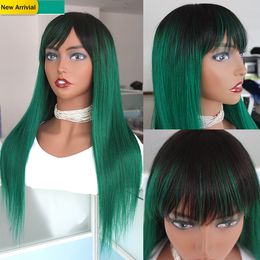 Green Ombre Human Hair Wigs With Bangs For Black Women Full Machine Made Peruvian Remy Straight Glueless Wig Coloured 1B Green Non Lace Wig