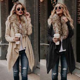 Casual Faux Fur Collar Irregular Plush Stitching trench coat fuzzy Fleece Jacket Long Sleeved Loose Outwear Tops