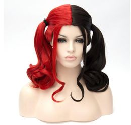 ccutoo Batman Suicide Squad Harley Quinn 45cm Half Red and Black Curly Synthetic Cosplay Wig For Costume Halloween Party