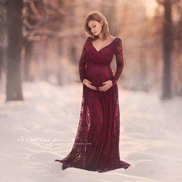 Elegant Lace Maternity Photography Props Sexy V Neck Maxi Gown Wedding Dresses Long Sleeve Pregnancy Dress for Photo Shoot