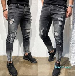 Hot sale-Pants Grey Foot Zipper Designer Male Jeans Casual Fashion Elasticity Pencil Pants Youth Hole Personality Mens