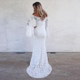 Beach Lace Mermaid Wedding Dresses Long Bohemian Flare Sleeves Off Shoulder Long Floor Length Wedding Dress Boho Bridal Gowns vest226t