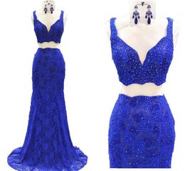 Royal Blue Prom Dresses Two Pieces Lace Beads V-neck Cap Sleeve mermaid Dresses Evening Wear Graduation Formal Dress Gowns Party Long