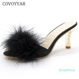 Hot Sale-COVOYYAR 2019 Summer Shoes Woman Feather Thin High Heels Fur Slippers Peep Toe Mules Lady Pumps Slides Shoes Big Size