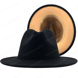 New Outer black Inner tan Wool Felt Jazz Fedora Hats with Thin Belt Buckle Men Women Wide Brim Panama Trilby Cap