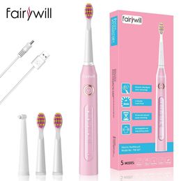 Fairywill Electric Toothbrush FW507 IPX7 Ultrasonic automatic Fast Charging Rechargeable 5 Mode with 3 Brush Head Gift for Adult