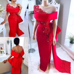 Elegant Red Dresses Evening Wear With Sheer Neck Bow Train Beaded Pearls Satin Prom Party Dress Side Split African Formal Gowns