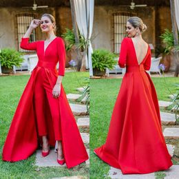 Elegant Women Red Jumpsuits Prom Dresses With Detachable Overskirt Sexy Open Back Deep V Neck Long Sleeve Formal Evening Gowns Custom Made