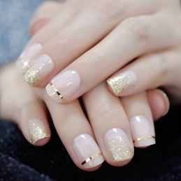 UV Gel Cover False Nails Gold Glitter Nude Ladi's Press On Fingernails Short with Adhesive Tabs Perfect for daily