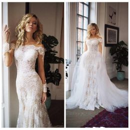 New Plus Size Long Sleeves Mermaid Lace Appliques Dresses With Detachable Train Tulle Wedding Dress Bridal Gowns Robe De Novia 2024