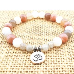 MG0766 Moonstone Bracelet Om Yoga Bracelet Meditation Labradorite Bracelet Stretch Gemstones Jewelry Yoga Gifts