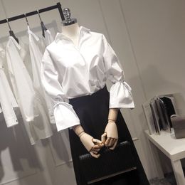 Новые Женщины Повседневная Базовая Летняя Осенняя Блузка Топ Рубашка Белая Работа Носить Bandage Свободный Большой Размер Все-Матч Модная Рубашка Верхняя