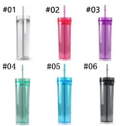 16oz Plastic Skinny Cup Double Wall Clear Water Cups Acrylic Tumblers with Lids and Straws