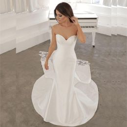 Simple White Satin Mermaid Dresses Sweetheart Big Bow Decoration Bridal Dress Sweep Train Lace Appliques Wedding Gown 326 326