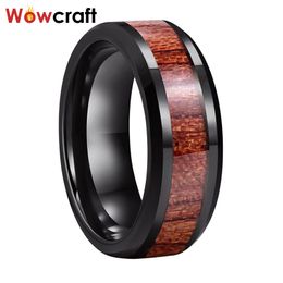 8mm Mens Womens Tungsten Carbide Wedding Band Rings Black Koa Wood Inlay Bevelled Polished Shiny Comfort Fit Personal Customise