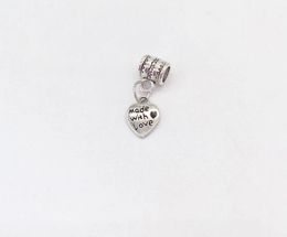 MIC IN STOCK 100 Pcs/lot alloy love heart Made With Love Beads Charms pendant Dangle Beads Charms Fit European Bracelet