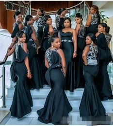 2021 Black Bridesmaid Dresses Silver Lace Applique Beaded Mermaid Bow Ruffles Sleeveless Plus Size Custom Made African Maid of Honour Gown