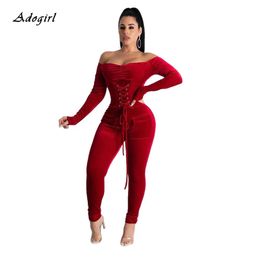 Elegant Off Shoulder Velvet Jumpsuit Women Long Sleeve Lace Up Gromment Bodycon Jumpsuit Sexy Bandage Club Outfit Romper 2XL T200808