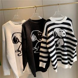 Woman Sweaters 2020 Korean Style Striped Cute Cartoon Dog Knitted Sweater Long Sleeve Jumper Women Pullover Knitwear Tops