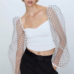 Women Sexy White Crop Top Transparent Mesh Patchwork Sleeve Square Collar Backless Chic Shirt Stretchy Short Blouse