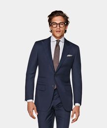 Fashion Navy Blue Groom Tuxedos Peak Lapel Groomsmen Wedding Tuxedos Popular Men Formal Blazer Prom Jacket Suit(Jacket+Pants+Tie) 66