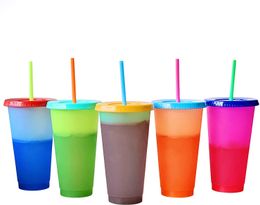 In Stock 24oz Colour Changing plastic tumbler Discoloured sippy cup water mug candy Colours drinking cup with straw