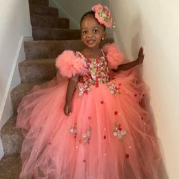 Black Girls Flower Girl Dresses For Wedding Beads Appliqued Ruffles Girls Pageant Gowns Tulle Sequined First Communion Dress Kids Birthday