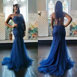 Amzaing Blue Long Prom Dresses 2021 Halter Sleeveless Backless Lace Appliques Court Train Mermaid Party Gowns Evening Dress L21