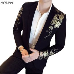 Men's Suits & Blazers Gold Black Blazer Flower Print Party Wedding Festival Stylish For Men Stage Costumes Singers Slim Fit265o