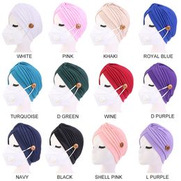 2020 Hearwear Soft Cotton Hair Caps Hat Button Wearing Mask Ear Protection Hat Turban Women Polyester + Wooden Buckle