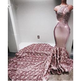 New Dusty Pink 3D Rose Flowers Mermaid Sheath Charming Women Prom Dress Appliques Bust Design Custom Made Maxi Gowns Black Girl Gown