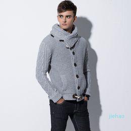 Fashion- 2020 Men Winter Knitted Sweatercoat Turtleneck Sweaters Male slim fit Cardigan Horn button Sweater coat scarf collar Knitwear