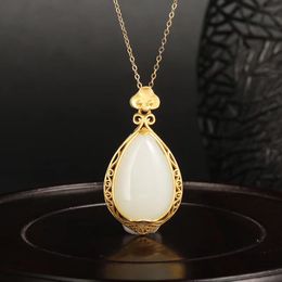 Hot Sale New line hetian jade antique water drop pendant S925 silver inlaid antique gold inlaid water drop shaped inlaid antique