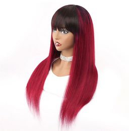 Red Ombre Wig 150% Natural Human Hair Glueless Straight Raw Indian Remy Non Lace Wig For Black Women Cheap Burgundy Colored Wig With Bangs