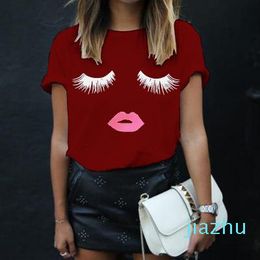 Hot Sale T shirt women new fashion plus size quality summer style eyelash red lip print t-shirt female dropshipping vestidos