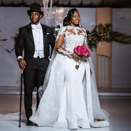 African Plus Size 2021 Satin Wedding Dresses With Detachable Train High Neck Lace Appliqued Long Sleeve Mermaid Bridal Gowns Vesti308j