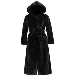 Black Faux Coat Women Thick Winter Casual Solid Slim Outwear Long Style Plush Faux Hooded Warm Coat
