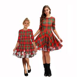 Green Starry Sky Christmas Snowflake Print Mother And Daughter With Mid Sleeve Dress Fashion European And American Exquisite Dress