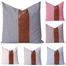 Pillow Case Cover Leather Polyester Cushion Covers Stripe Splicing Pillowcase Cover Home Decor Size About 45*45cm 7 Designs BT223