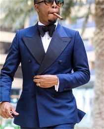 Double Breasted Groomsmen Peak Navy Blue Lapel Groom Tuxedos Men Suits Wedding/Prom/Dinner Best Man Blazer ( Jacket+Pants+Tie) K537