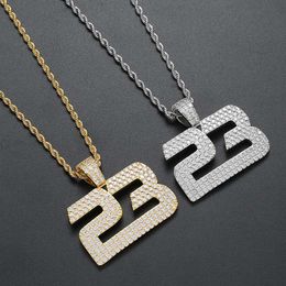 Hip Hop Micro Paved Cubic Zirconia Bling Iced Out Number 23 Pendants Necklace for Men Rapper Jewelry Gold Silver Color