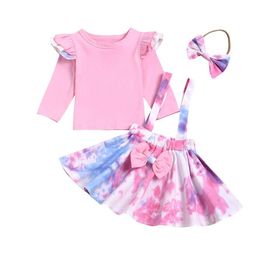 Baby Clothing Sets Long Sleeve Solid Top + Tie Dyed Suspender Skirts + Tie-dye bow Headbands 3pcs/set Boutique Girls Outfits BY1580