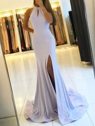 New Sexy White Backless Side Slit Mermaid Halter Lilac Prom Dress Floor Length Custom Long Evening Prom Dresses